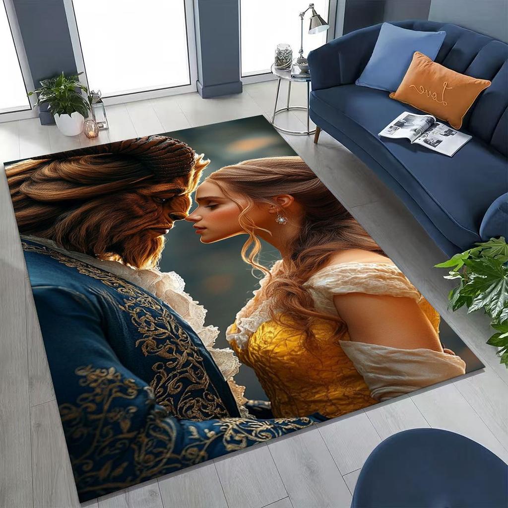 3D Lovely Beauty and The Beast Cartoon Rug for Bedroom Living Room Sofa Home Doormat Decor, Large Kids Play Non-slip Floor Mat
