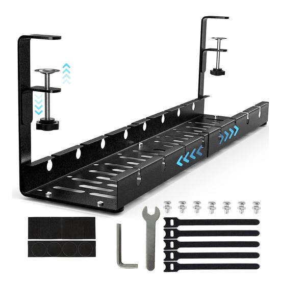 Under Desk Cable Organizer Large Capacity Cable Storage Rack Clip-On Installation Retractable Carbon Steel Cable Management Tray