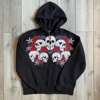 Y2K Skull Print Hooded Long Sleeve Oversized Zip-Up Sweatshirt Streetwear Unisex Casual Top