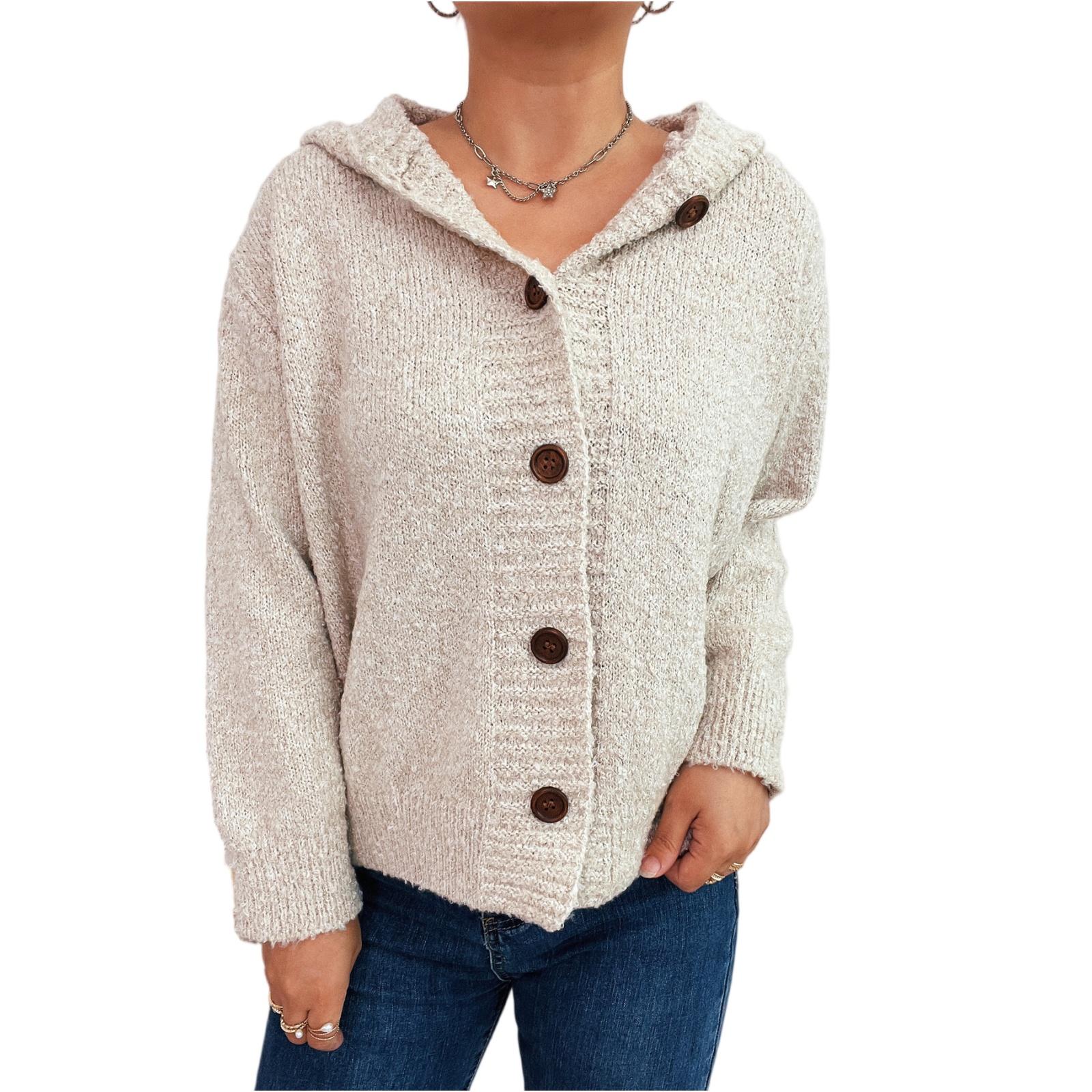 

Women s Fashion Casual Thickened Hooded Single-Breasted Long-Sleeved Cardigan Button Knitted Sweater Jacket L