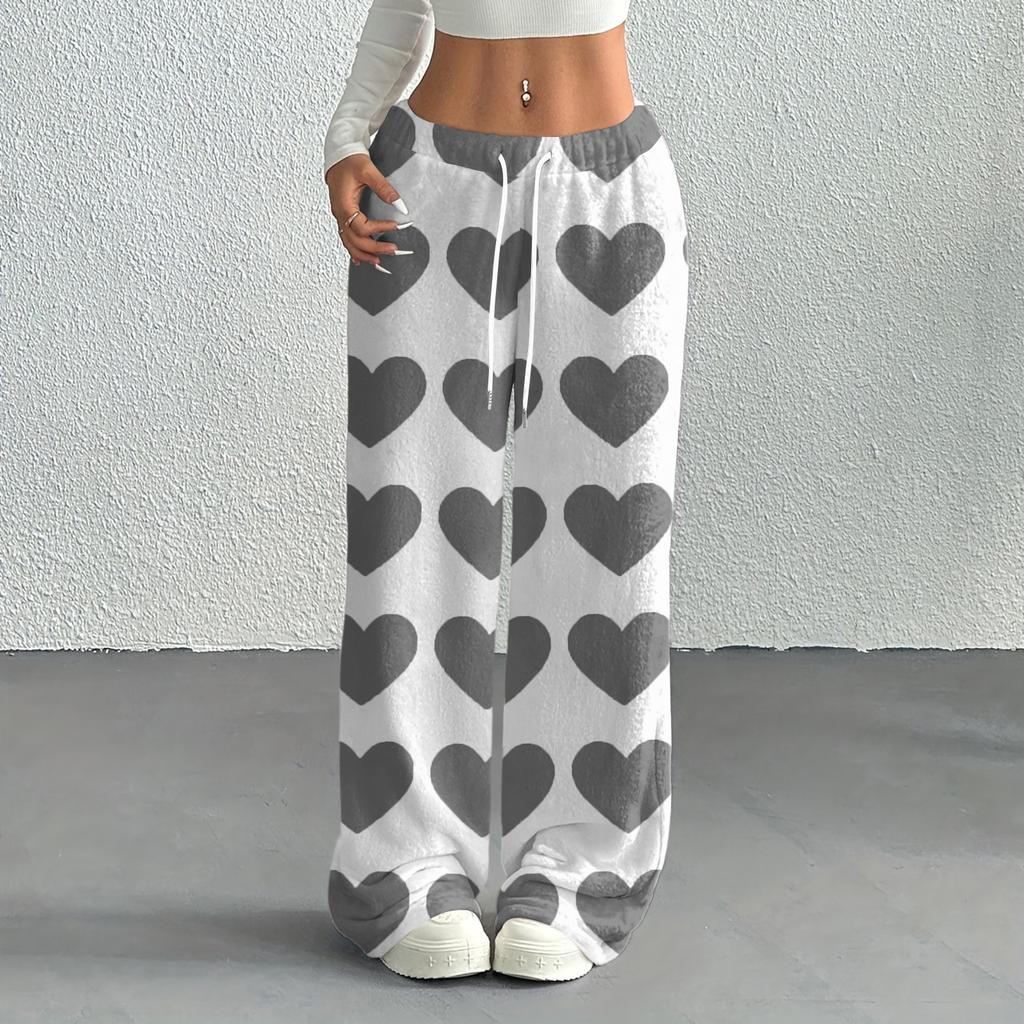 Women's Casual Fashion Printed Elastic Waist Loose Straight Leg Pants With Rope