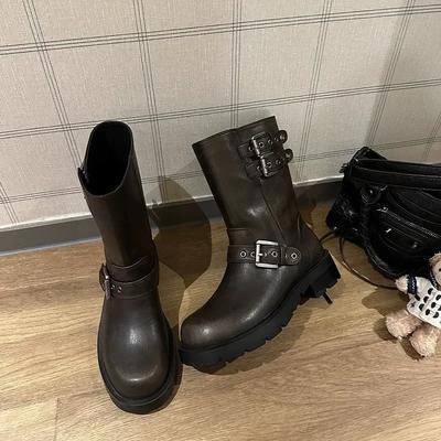 Mode Damenstiefel 2024 Frühling und Herbst Heißverkauf Rundkopf Einfarbig Lässig Niedriger Absatz Kurz Schnalle Mode Damenstiefel