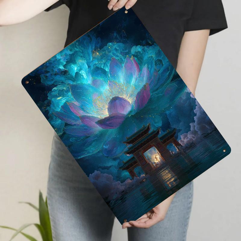 

Chinese Ancient Style Lotus Cloud Temple Metal Iron Painting Living Room Decorative Wall Art Home Decoration 20x30cm（7.8x11.8inch）