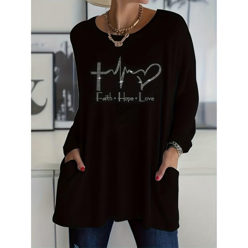 Plus Size Women's Casual Long Sleeve T-Shirt - Heart Rhinestone Design, Side Pockets, Stretch Fabric Crew Neck Top