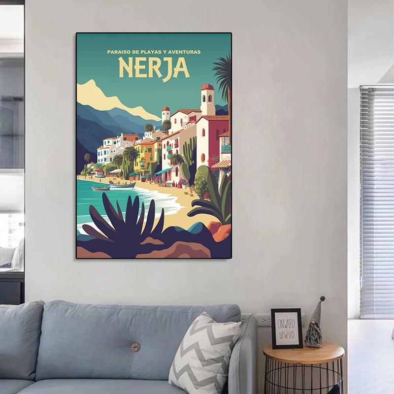 Vintage cestovní plakát Město Málaga Plátna Umělecká vesnice Pláže Slunečné pobřeží Retro nástěnné umění Obrázky Nástěnná malba Domácí dekorace