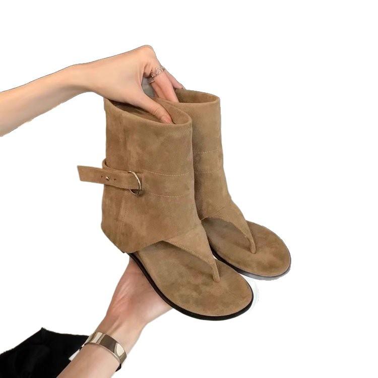 Huge Easy To Wear~ Inner Height Increase of 4cm Women's Model 2025 New Versatile Outer Wear Small Toe Flat Bottom Khaki Cool Boots