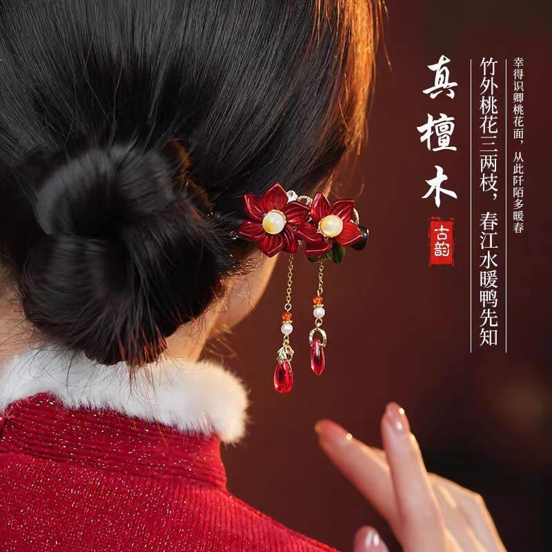 

GEMCHIC Women s Chinese Style Red Rose Flower Hair Stick with Tassel, Vintage Wooden Hairpin Elegant Hanfu Headwear Accessory