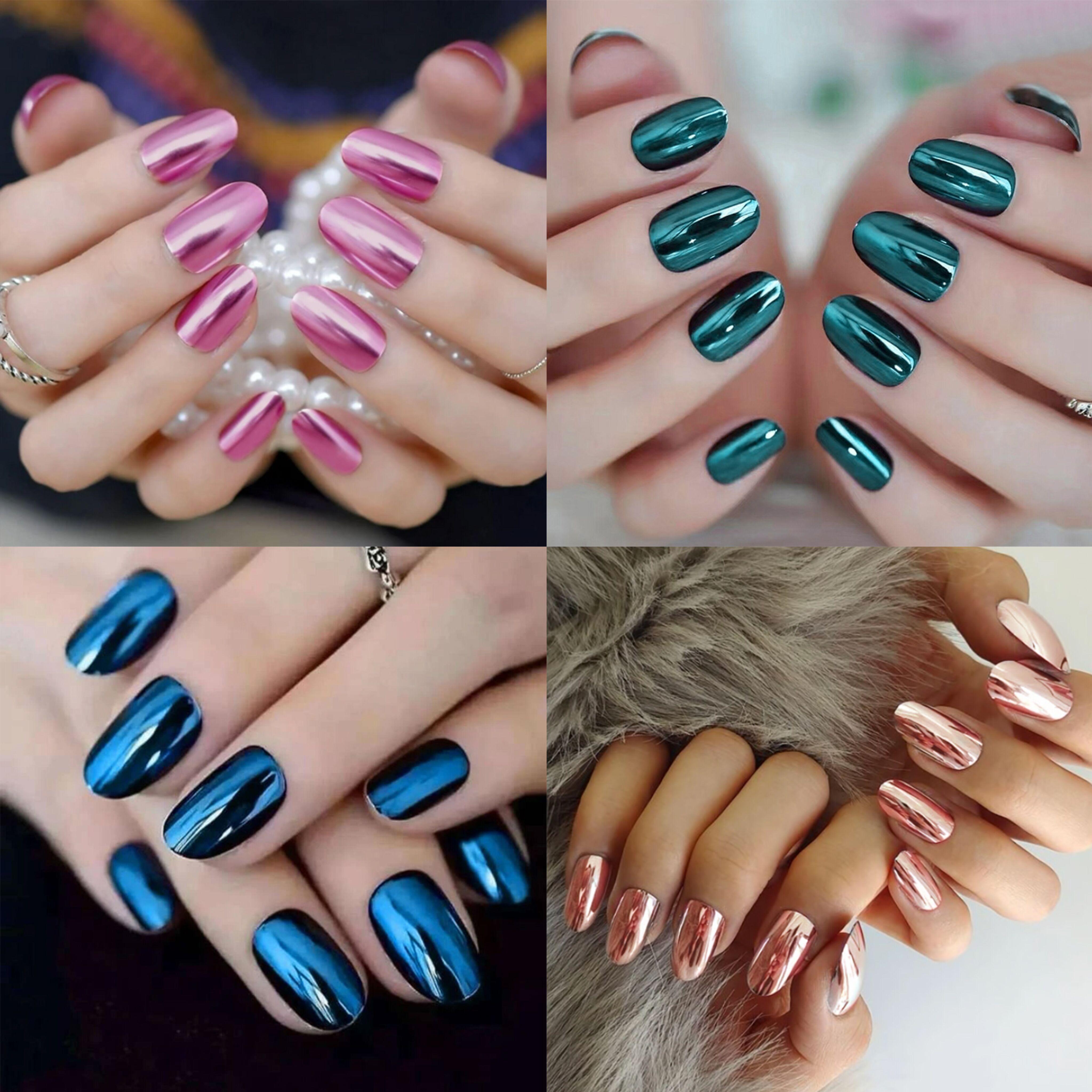 

4 упаковки/ 96 шт. накладных ногтей с длинным овальным зеркальным эффектом, однотонные накладные ногти, хромированные накладные ногти с мини-пилками, желейными вкладками, палочками ABS