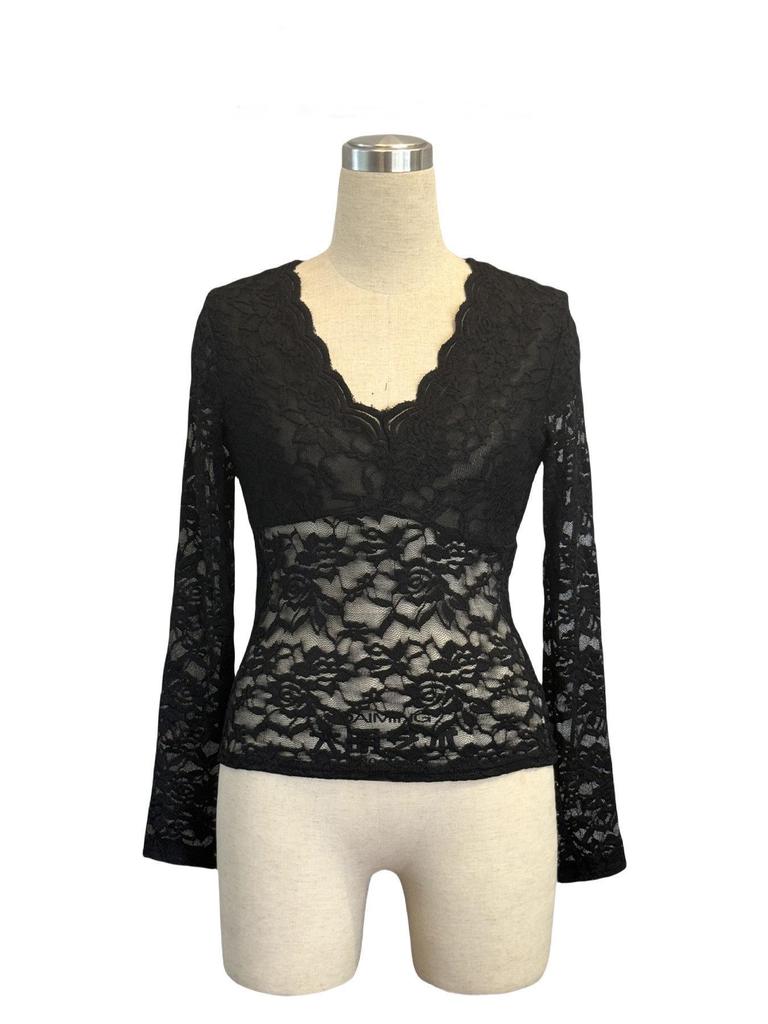 Elegant 2025 V-Neck Fan Collar Lace Pullover - Long Sleeve Slimming Top