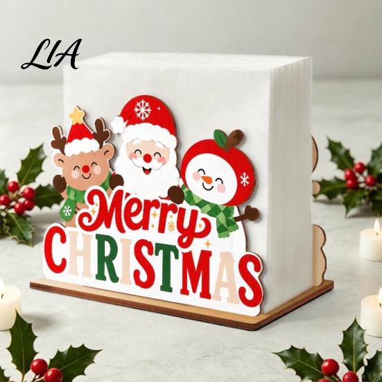 Christmas Home Decor Wooden Tissue Holder, Napkin Dispenser with Santa Gingerbread House Elk Rack Pattern, Decorative Organizer for Dining Table