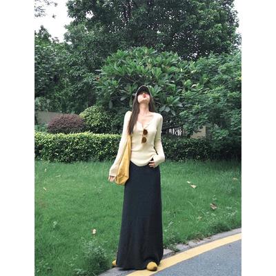 Lazy Temperament Slim and Thin Semi-open Neck Long-sleeved Knitted Sweater Women's Autumn Soft Waxy Versatile Sweater Base