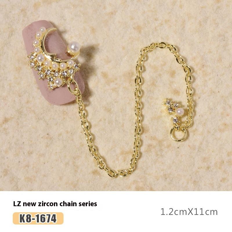 Nail Art Zircon Plated Real Gold Chain Jewelry Pearl Pendant Gold Bow Zircon Chain