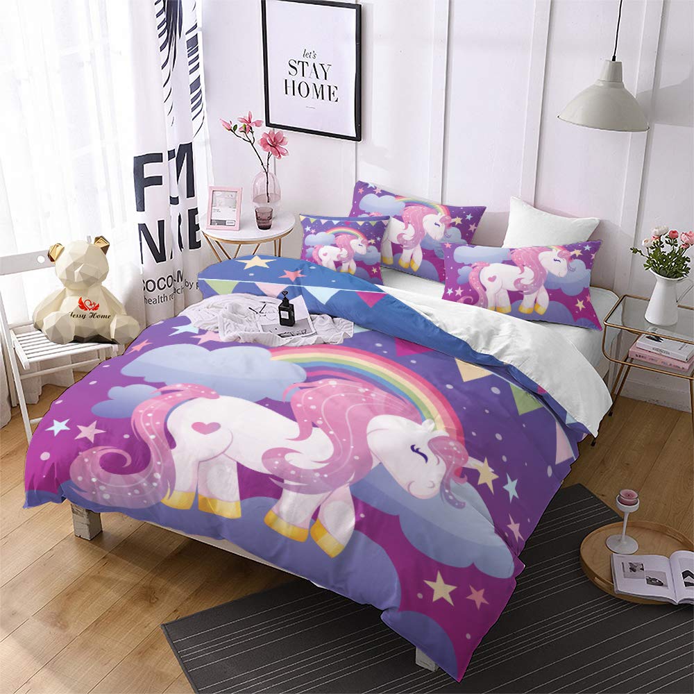 Unicorn Duvet Cover Set Purple Aqua Unicorn Bedding Set Full Size Rose Unicorn Flower Dreamy Cartoon Sparkle Lilac Bedspread