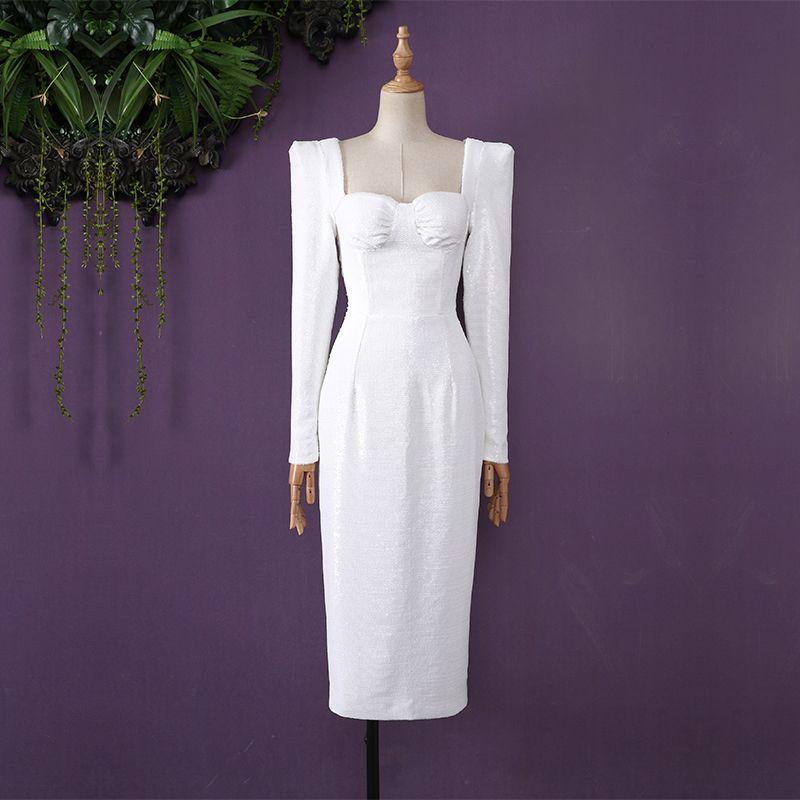 

Sexy Square-Neck Slim High Waist Sheath Dress Sequins White S