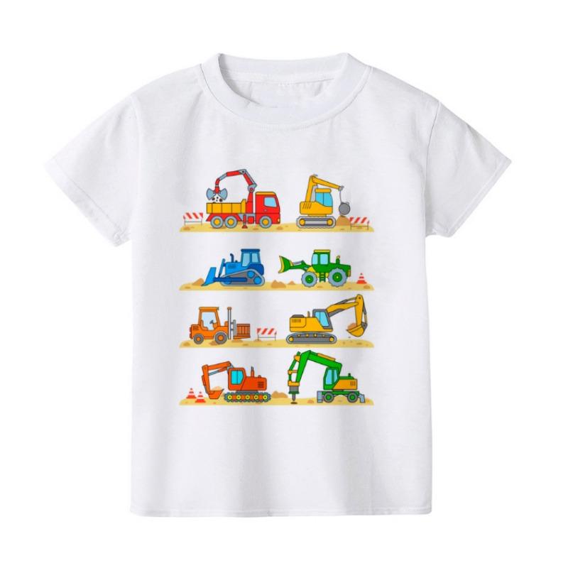 Summer Construction Machines Tractor Print Baby Boys T-shirt Natural Work Zone Kids Clothing Children's Summer Top