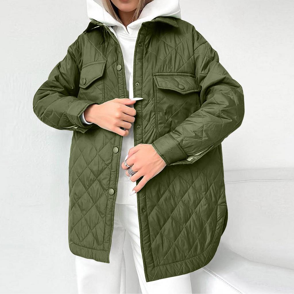 Women's Long Sleeve Rhombus Solid Color Thickened Button Cotton Outerwear Coat Jacket