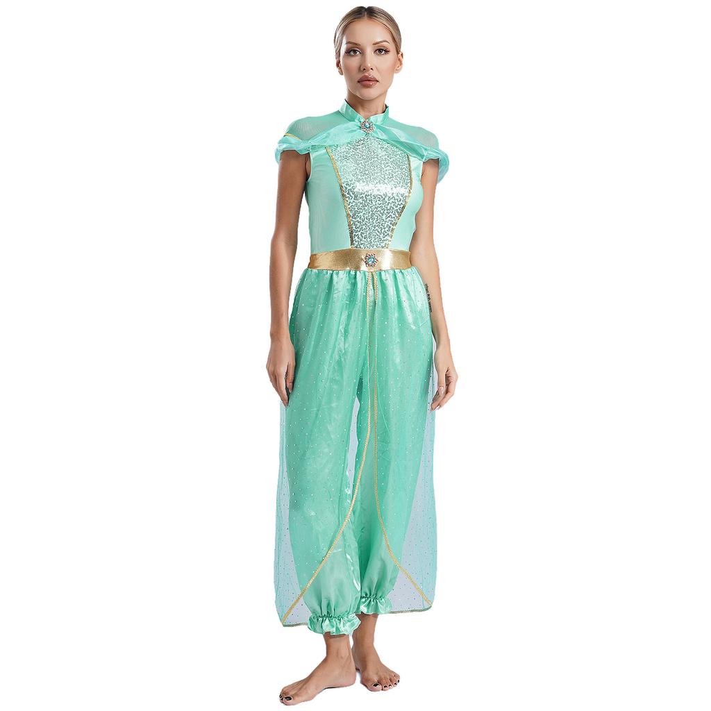 Womens Arabian Princess Jumpsuit Gems Adorned Sequined Overlay One Piece Romper Belly Dance Halloween Costume