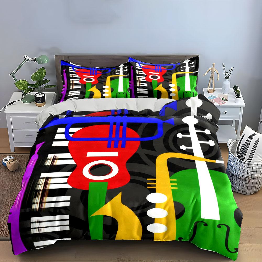 Colorful Musical Instruments Art Decor Bedding Set With 1 Duvet Cover 2 Pillowcases Single Double King Queen, Gift