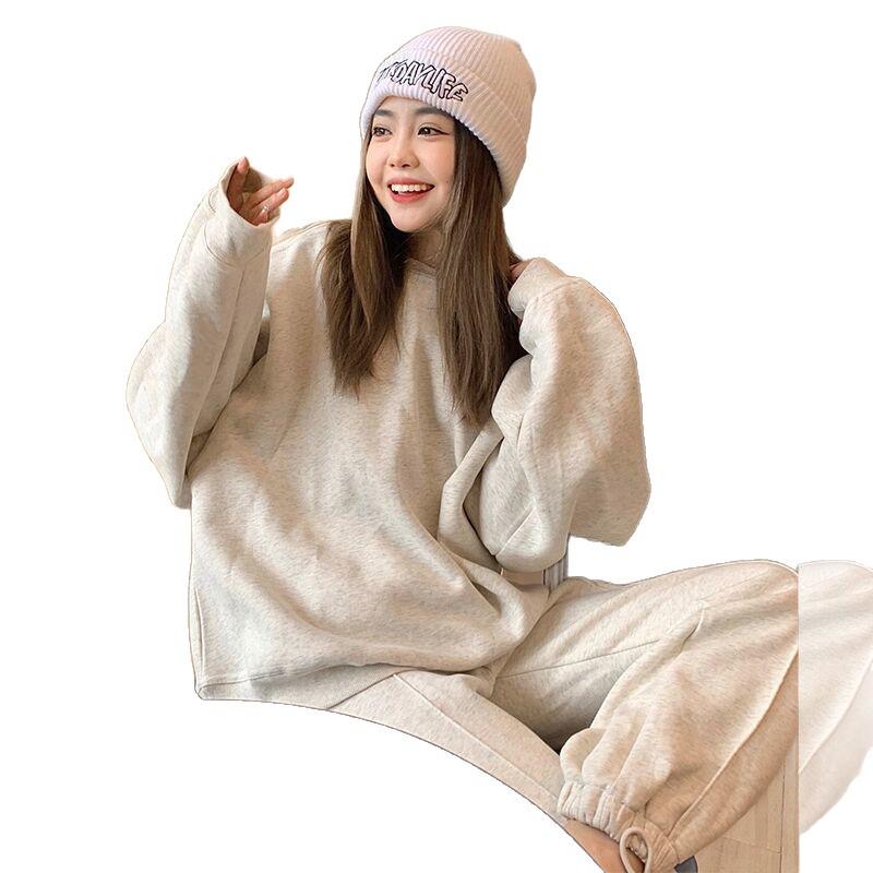 Women's 2025 Fleece-Lined Casual Sportswear Set: Autumn/Winter Fashion, Age-Reducing Loose Sweatshirt & Pants Two-Piece Set
