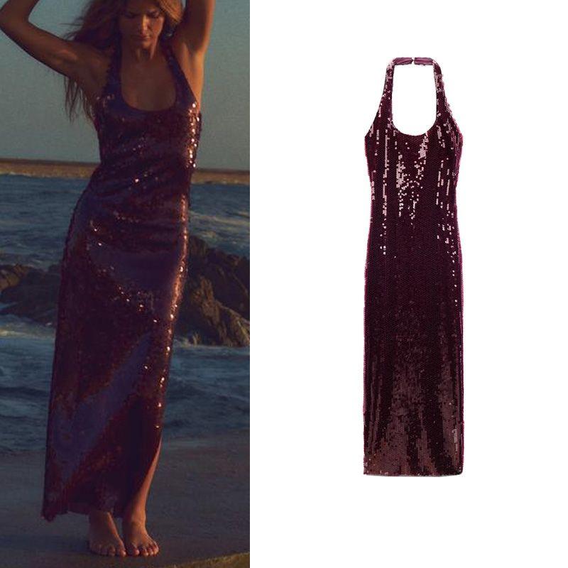Spring New Women's Clothing Elegant Fashion Sequin Halterneck round Neck Silm Slim Looking Dress 5063806