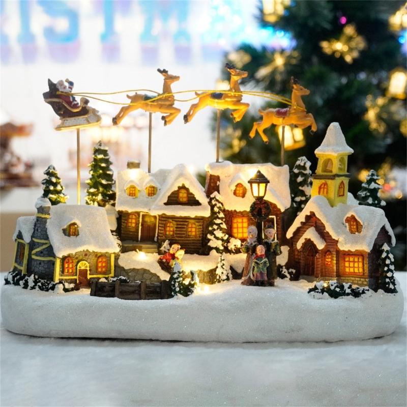 Musical Light Up Reindeer Christmas Ornament Resin Village House Festival Table Decoration For Living Room Bedroom