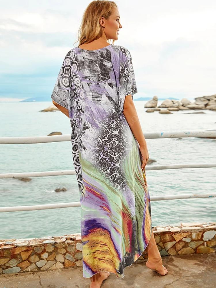 EDOLYNSA Multicolored Bikini Cover-ups Kaftan Sexy V-neck Half Sleeve Boho Summer Beach Dress Plus Size Beachwear Swimsuit Cover Up Q1166
