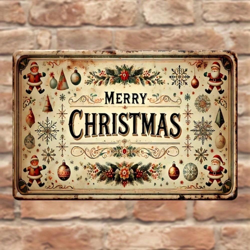 Vintage Merry Christmas Metal Tin Sign 11.9"x7.9", Rustic 2D Flat Wall Decor with Festive Motifs Indoor/Outdoor