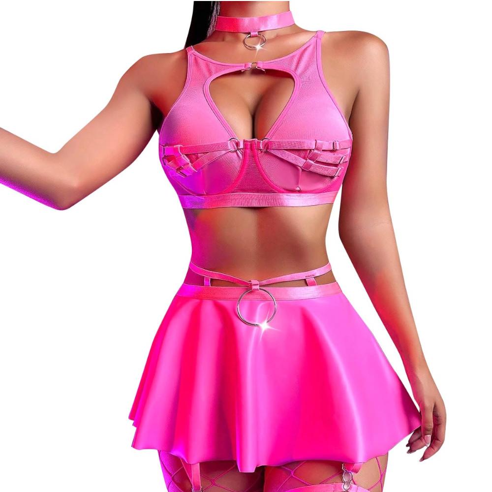 Lace Erotic Lingerie Set  Bra Solid Color Leather Bras & Bra Sets