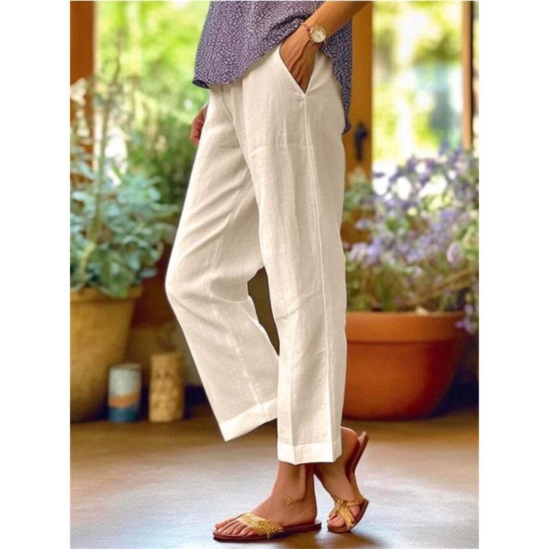 Women's Cotton And Linen Plus Size Plus Loose Solid Color Elastic Waist Pocket Straight Casual Pants