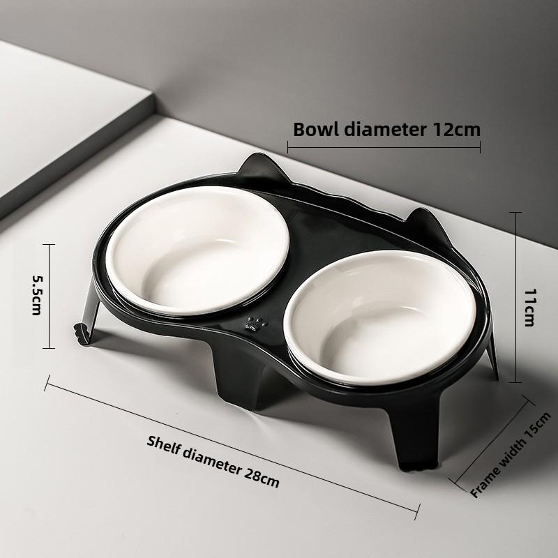 Kitten Double Ceramic Feeder Bowl Pet Water and Food Bowl Dish with Wood Stand No Spill Pet Ceramic Double Bowl for Dog Cat