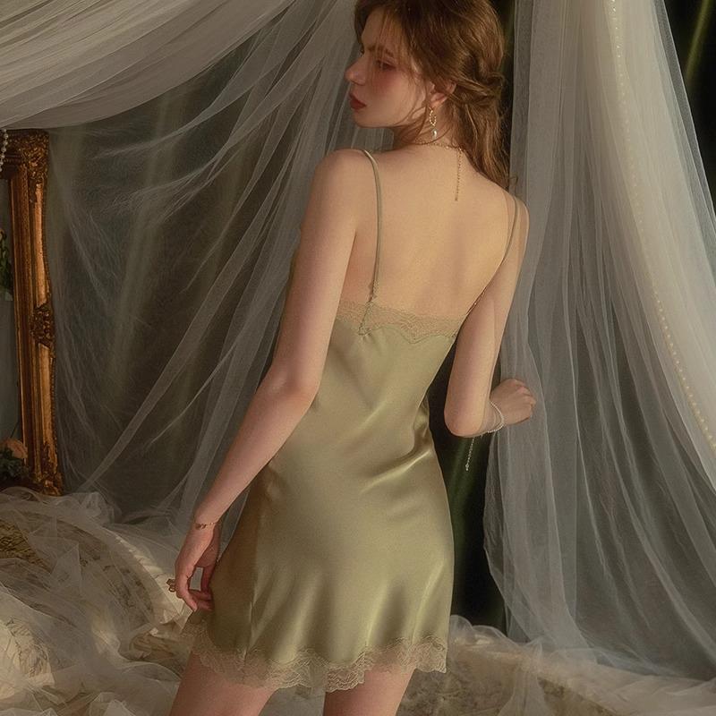 Camisón de Encaje de Seda de Hielo de Alta Gama Verano 2025 para Mujer - Estilo Puro Deseo con Almohadilla en el Pecho, Talla Grande Disponible