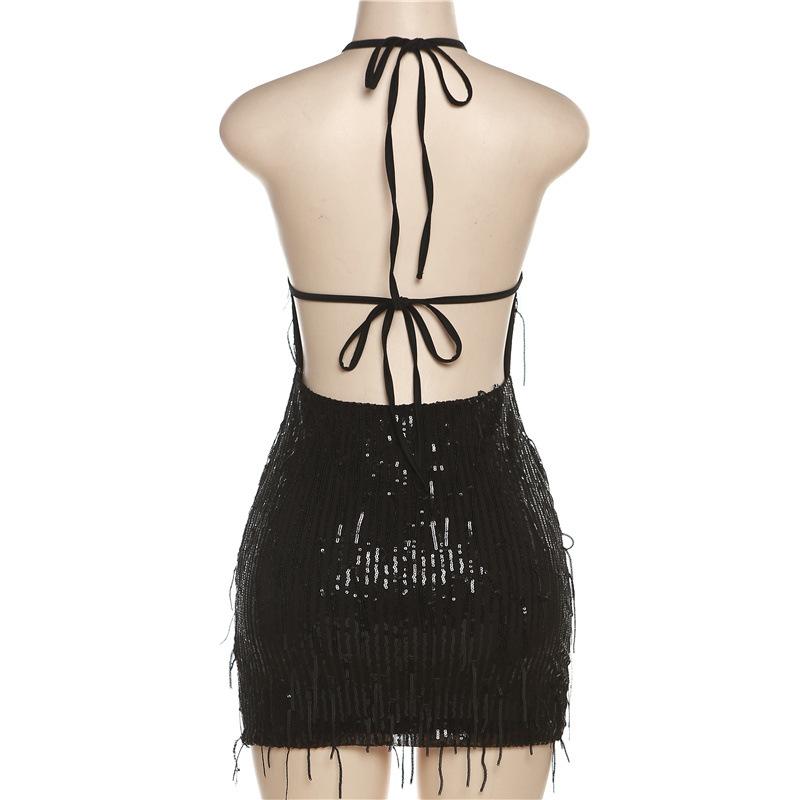 Spring and Summer New Women's Fashion Halter Neck Sexy Backless Sequined Tassel Dress for Women