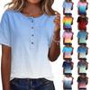 Women’s Fashion Gradient Print Henley Neck Short Sleeve Cotton Linen Shirt with Chest Pocket Button Front Casual Top