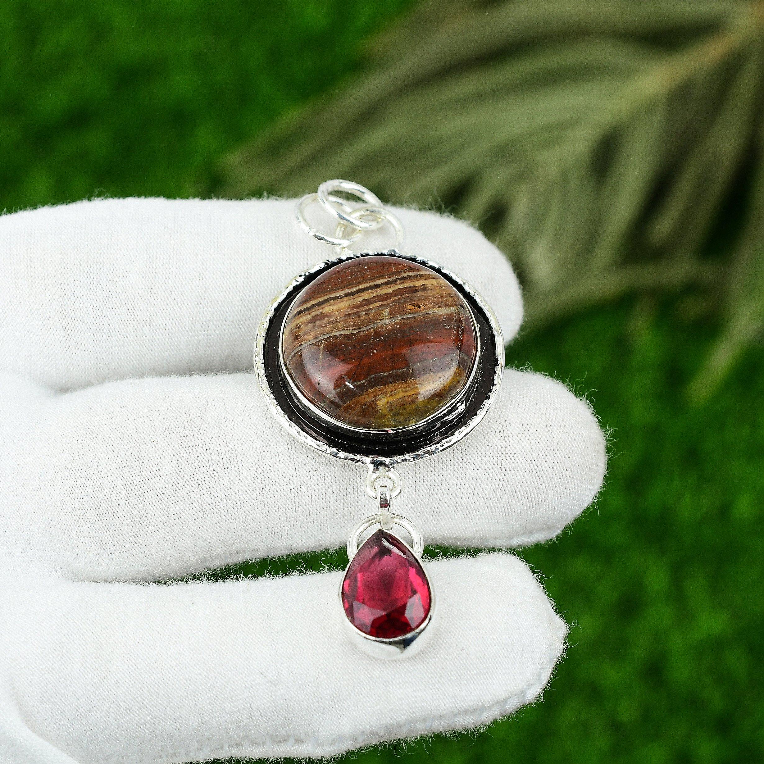 

925 Sterling Silver Round Red Snakeskin Jasper Stone Rubillite Pendant Jewelry