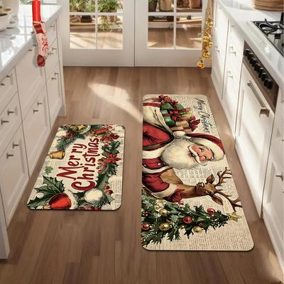 2Pcs Anti Fatigue Kitchen Rugs Merry Christmas Waterproof Non-Slip Thick Cushioned Kitchen Mat Heavy Duty Comfort Standing Mat for Kitchen