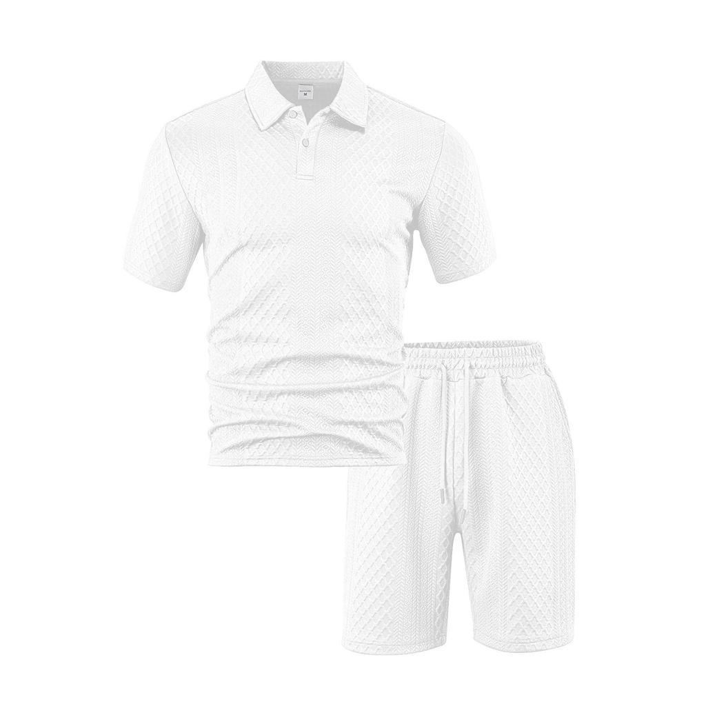 Men's Casual Breathable Button-down Placket Polo Shirt Solid Color High-quality Stand-up Collar Short-sleeved Shorts Set