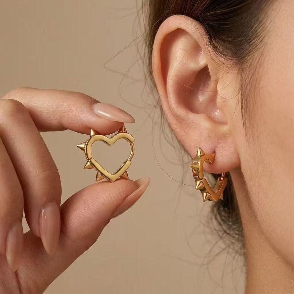 Geometric Design Heart Hoop Earrings Silver Color Rivet Earrings Cool Piercing Earrings For Women