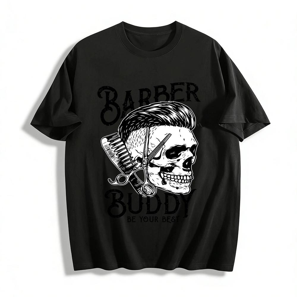 

Vintage Pompadour Skull Barber Graphic Tee Cool Barber Culture Short Sleeve Pure cotton T-shirt 6XL
