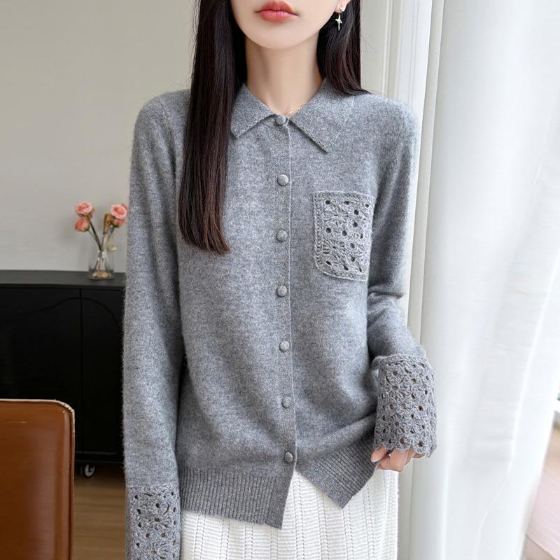 Elegant Wool Sweater: Women's Hollow-Stitch Long Sleeve Lapel Knitwear for Autumn and Winter