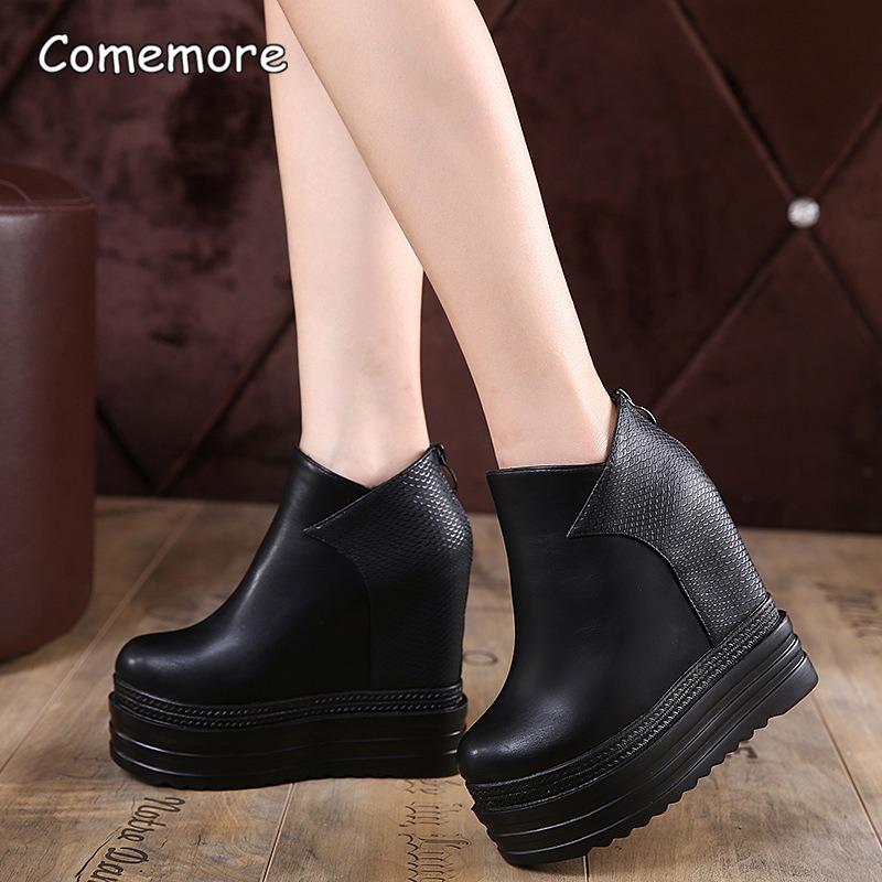 14CM Super High Heel Platform Ankle Boots for Women PU Black Wedge Shoes Back Zipper Plush Autumn Winter Short Botas Size 34 39