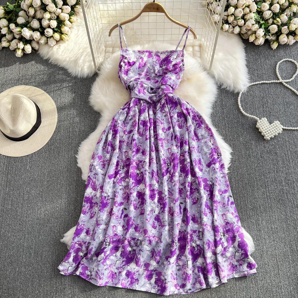 Beach Vacation Strapless Floral Camisole Dress  A Line Slim  Sleeveless Backless Dress for Summer