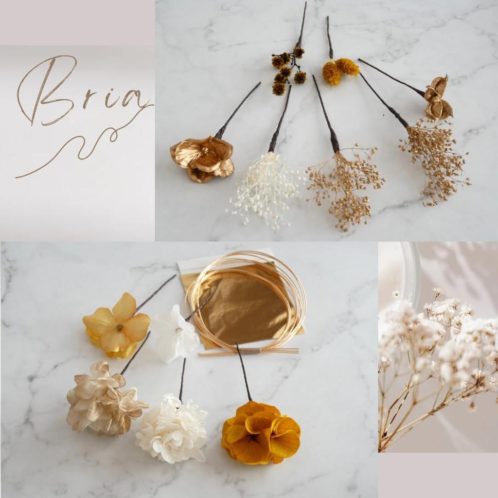 Dried and Preserved Flower Hair Ornament with Gold Available In Four Featuring a Mizuhiki String and Hydrangea for and Other Leaf, Colors, (yellow)