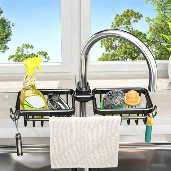 Sink Storage Rack with Hollow Design Basket 360° Rotatable Rustproof Kitchen Faucet Organizer for Sponges Brushes Cleaning Tools