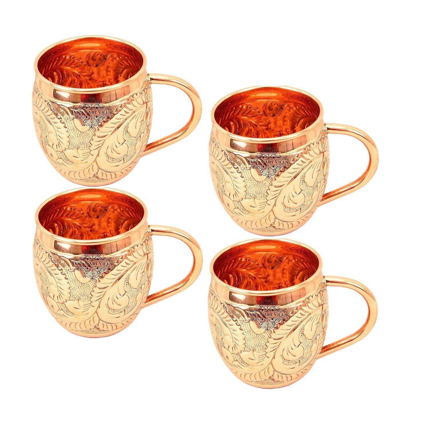

Pure Copper Round Shaped Flower Embossed Design Moscow Mule Beer Mug Cup, Best for Beer Cocktail Parties, Barware, Volume-450ML, Set of 4
