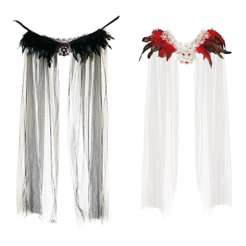 Halloween Tulle Shawl Rhinestone Skull Black Feather Cape Carnival Party Cosplay Costume
