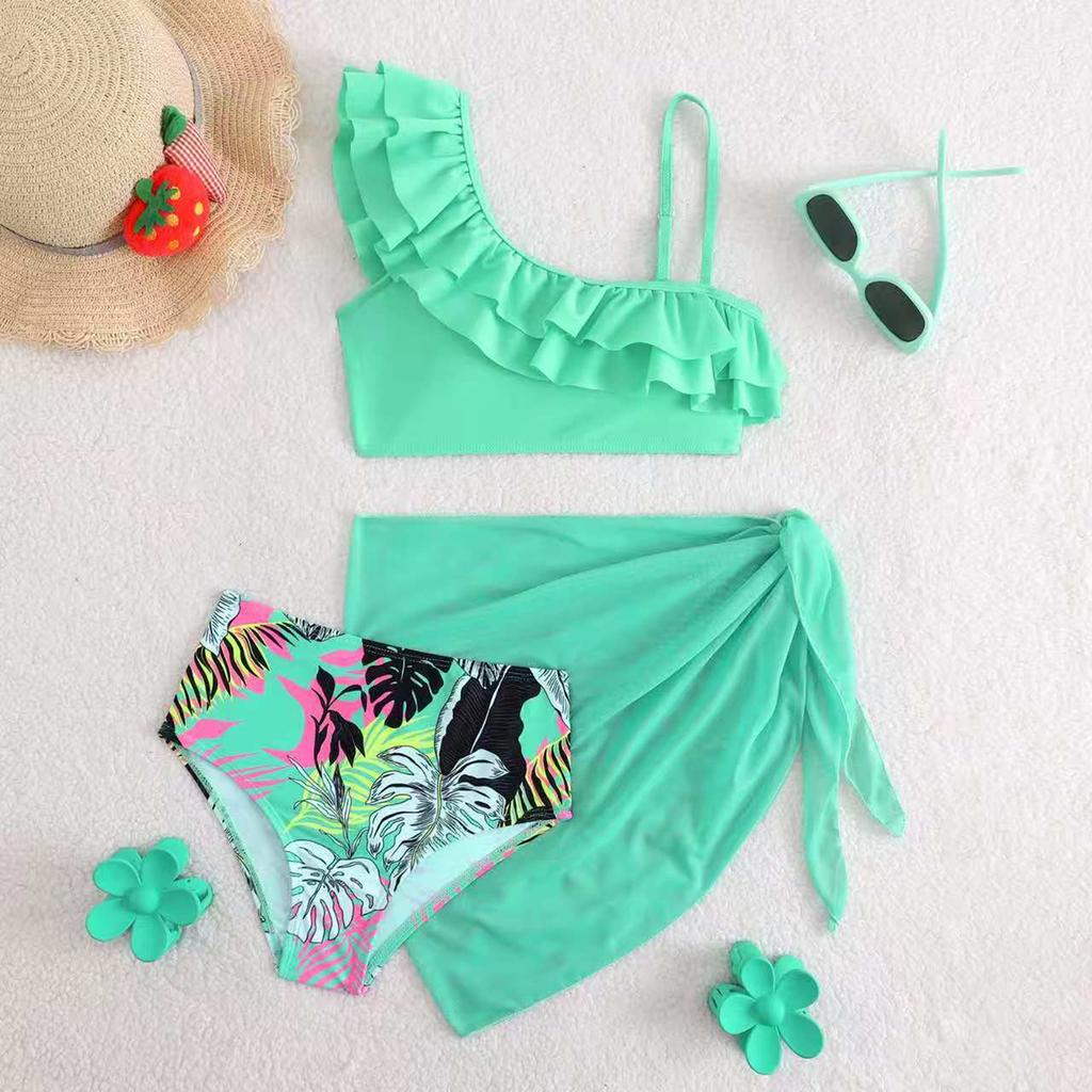 Girls Fashion High Waist Three Piece Swimsuit Set with Ruffle One Shoulder Top Printed Bottom and Sheer Wrap Skirt for Beach Pool
