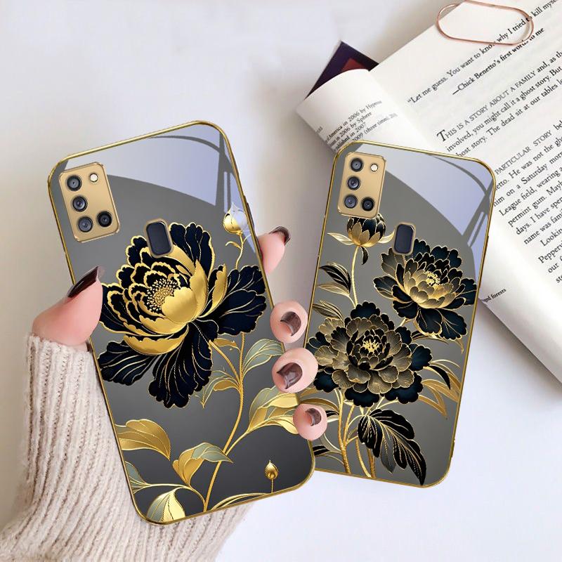 Black Gold Peony Flower For Samsung A 31 32 A33 A34 35 14 A15 13 16 25 26 50 52 53 54 55 56 70 71 72 73 Golden glass phone case