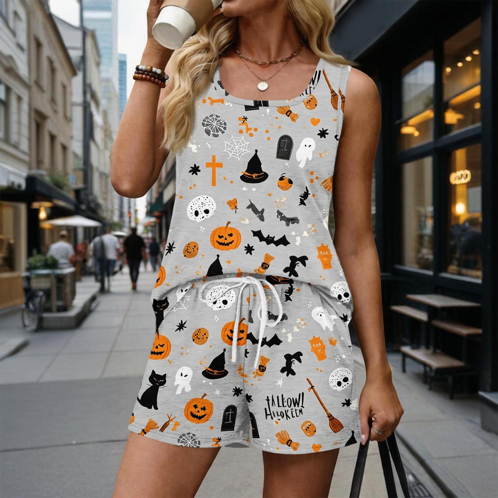 Women s Casual Halloween Color-Block Printed Sleeveless Set S