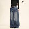 Washed Blue Distressed Wide Leg Jeans High Waist Loose Fit Streetwear Denim Pants Men Women