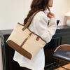 Minimalist Large Capacity Canvas Tote Bag with Brown Faux Leather Gold Turn Lock Detail Spacious Shoulder Purse for Daily Use